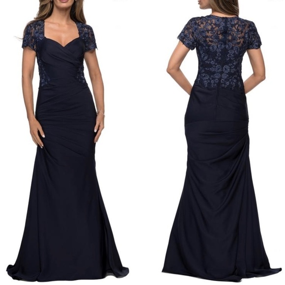 NEW La Femme 27989 Lace Sleeve Satin Evening Dress in Navy Sz. 6